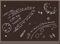 Blackboard. Figures with chalk. Space. Formulas. Planets, rockets. Brown background Royalty Free Stock Photo