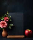 Blackboard with flowers and an apple on a dark background, AI