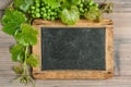 Blackboard grapes green vine leaves decoration Royalty Free Stock Photo