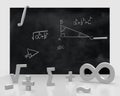 Blackboard inscribed with scientific formulas and calculations in mathematics as frame or post