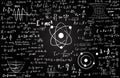 Blackboard inscribed with scientific formulas and calculations in physics and mathematics. Can illustrate scientific