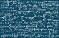 Blackboard inscribed with scientific formulas and calculations in physics and mathematics. Can illustrate scientific