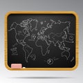 Blackboard isolated with hand drawn world map and business icons