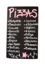 Blackboard, menu of various types of pizza