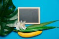 Blackboard and palm leaf with banana