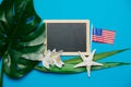 Blackboard and palm leaf with starfish, US flag.