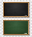 Blackboard. Realistic green and black chalkboard with wooden frame and chalk, blackboards template for school or