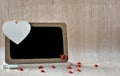 Blackboard with red ladybugs and white heart