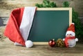 Blackboard With Red Santa Hat And Christmas snowman toy Royalty Free Stock Photo