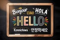 Blackboard showing hello in different languages promoting multilingualism Royalty Free Stock Photo
