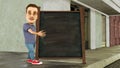 Blackboard sign on sidewalk cartoon man cafe owner commercial copy space 3D illustration