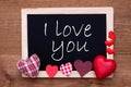 Blackboard With Textile Hearts, Text I Love You