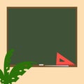 A blackboard with a triangle ruler, a piece of chalk and a pointer, and a houseplant in the front left.