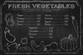 Blackboard vegetables. Rustic blackboard menu with hand drawn vegetables on chalkboard. chalkboard food illustration Royalty Free Stock Photo