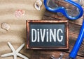 Blackboard with the words diving and swim mask Royalty Free Stock Photo