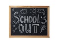 Blackboard with words School`s Out and pictures isolated on white. Summer holidays Royalty Free Stock Photo