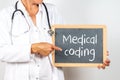 Blackboard with ''Medical coding'' written on it in the hands of a doctor on a white background