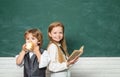 Blackboard for your text. Elementary school and education. First school day. Kids school. Funny little boy and cute Royalty Free Stock Photo