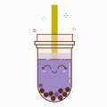 Blackcurrant bubble milk tea ads with delicious tapioca black pearls. Cute bubble tea kawaii smiled character. Taiwanese Royalty Free Stock Photo