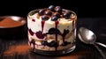 Blackcurrant fruits tiramisu close-up view