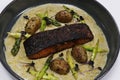 blackened salmon with creamy leek fondue and roasted potatoes