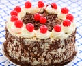 Blackforest gateau decorated with the traditional cream, chocolate flakes and cherries Royalty Free Stock Photo