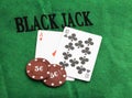 Blackjack with betting chips Royalty Free Stock Photo