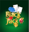 Blackjack game logo on a green background with flying cards, chips and gold coins. Casino card game. Vector illustration