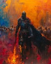 Blacklight painting of a midieval knight in black armour on fire swinging a battle axe in a battlefield