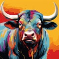 Blacklight painting-style bull, bull pop art illustration