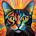 Blacklight painting-style cat, cat pop art illustration