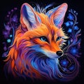 Blacklight painting-style fox, fox pop art illustration