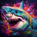 Blacklight painting-style Shark, Shark pop art illustration.