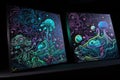 blacklight and uv-reactive artwork on a black background