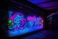 blacklight and uv-reactive graffiti on brick wall