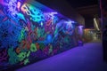blacklight and uv-reactive mural in public space, bringing attention to surrounding area