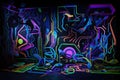 blacklight and uv-reactive painting of abstract shapes and lines