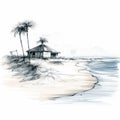 Moody Beach Cottage Sketch With Palm Trees