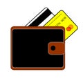 blackly the brown purse with the button and two credit cards are bank white and yellow on a white background