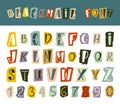 Blackmail alphabet. Ransom letter style abc, anonymous criminal letters and numbers. Typography elements cut from