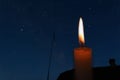 Blackout, power grid overloaded. Blackout concept. Earth hour. Burning flame candle and power lines on background Royalty Free Stock Photo