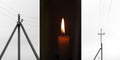 Blackout, power grid overloaded. Blackout concept. Earth hour. Burning flame candle and power lines on background Royalty Free Stock Photo