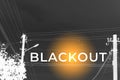 Blackout, power grid overloaded. Blackout concept. Earth hour. Burning flame candle and power lines on background Royalty Free Stock Photo