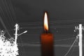 Blackout, power grid overloaded. Blackout concept. Earth hour. Burning flame candle and power lines on background Royalty Free Stock Photo