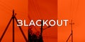 Blackout, power grid overloaded. Blackout concept. Earth hour. Burning flame candle and power lines on background Royalty Free Stock Photo