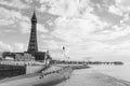 Blackpool Tower and the Central Pier in monochrome Royalty Free Stock Photo