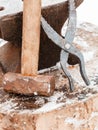 Blacksmith anvil, tongs and hammer in old smithy