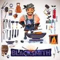 Blacksmith character design with metalwork tools. typographic for header. infographic. icon elements - illustration