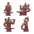 Blacksmith characters. Strong man worker with big steel hammer making weapons armors and other metal elements exact
