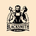 Blacksmith craft, workshop logo or emblem. Artistic forging, metal work symbol. Vector illustration